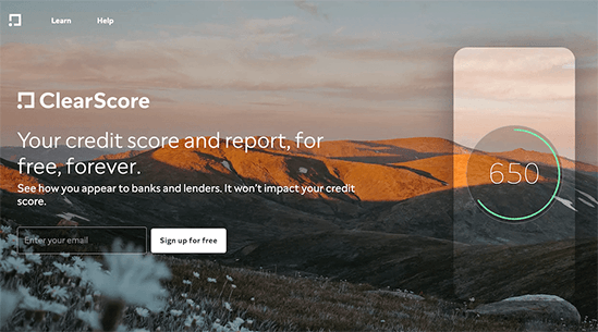 ClearScore homepage, credit score and report, for free, forever