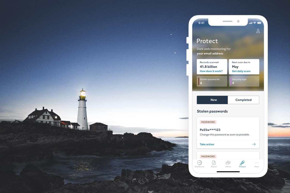 Image of a lighthouse with mobile phone screen in foreground, showing ClearScore Protect