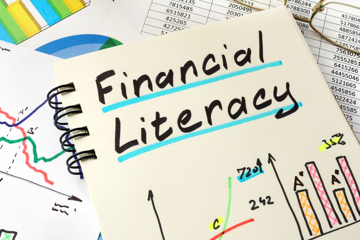 A notebook that has "financial literacy" written on it. 